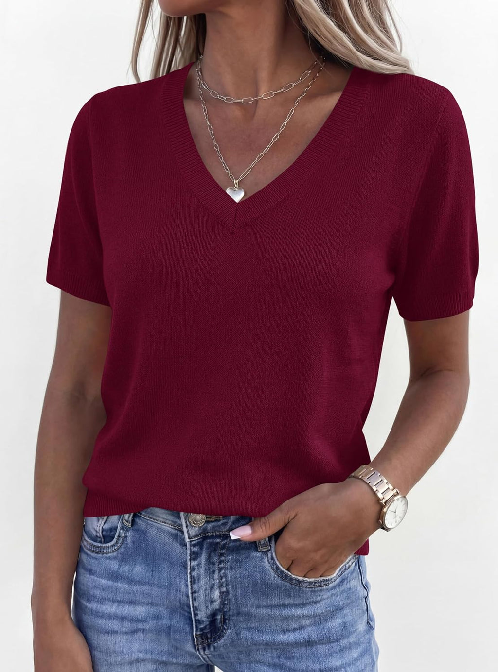PRETTYGARDEN Womens Short Sleeve Sweater V Neck Tops