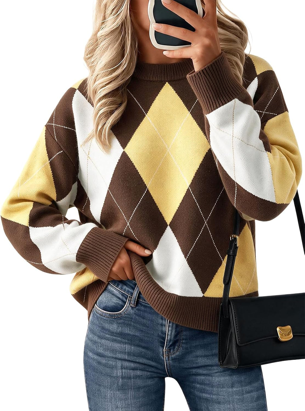 Cicy Bell Sweaters for Women Argyle Plaid Color Block Knit Pullover Tops