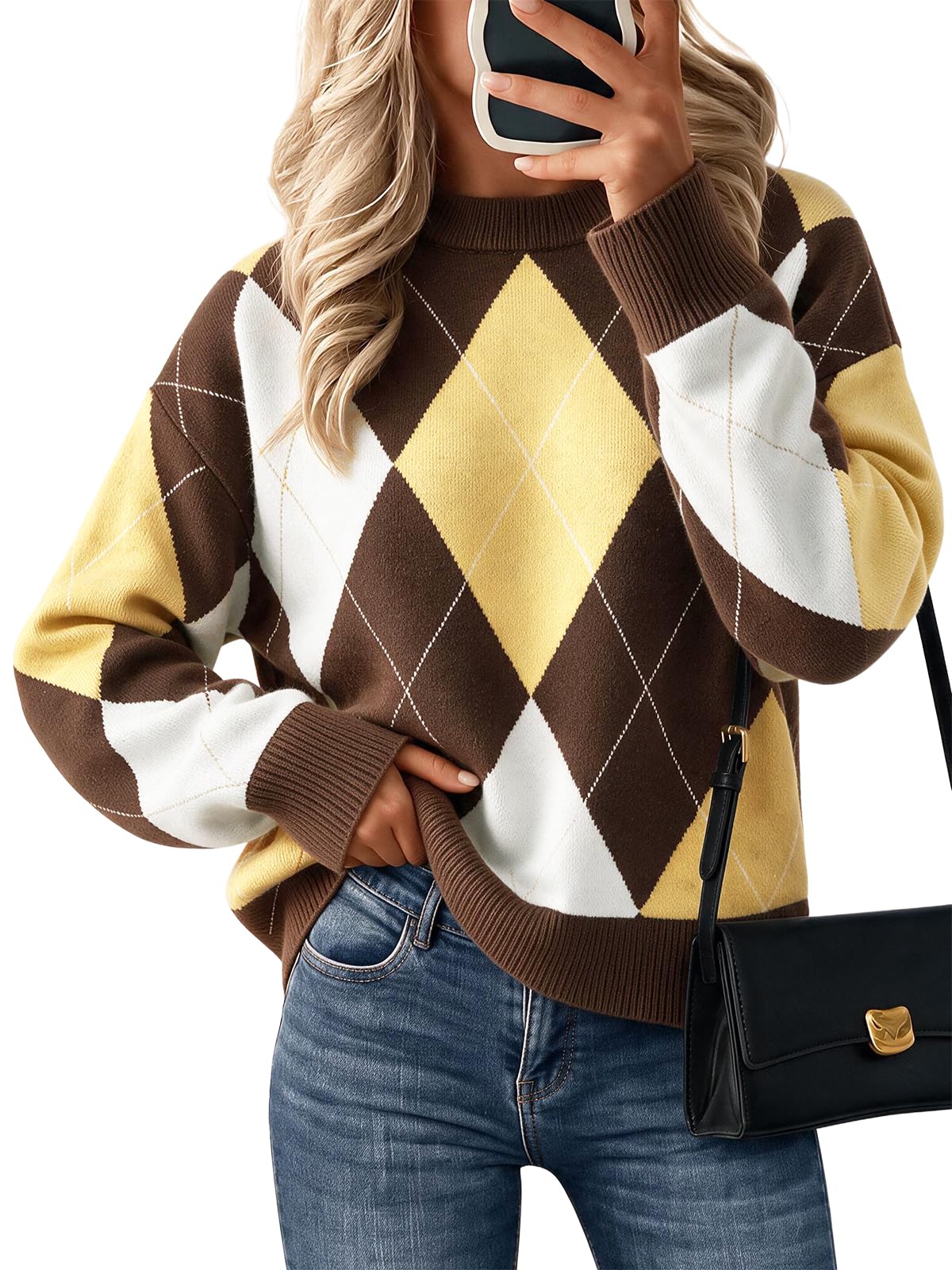 Cicy Bell Sweaters for Women Argyle Plaid Color Block Knit Pullover Tops