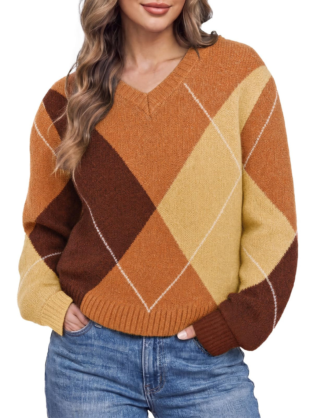 Cicy Bell Womens V Neck Argyle Sweaters Long Sleeve Knit Casual Pullovers