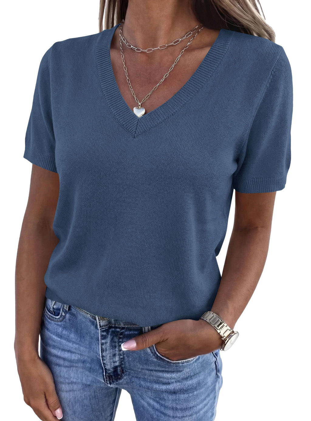 PRETTYGARDEN Womens Short Sleeve Sweater V Neck Tops