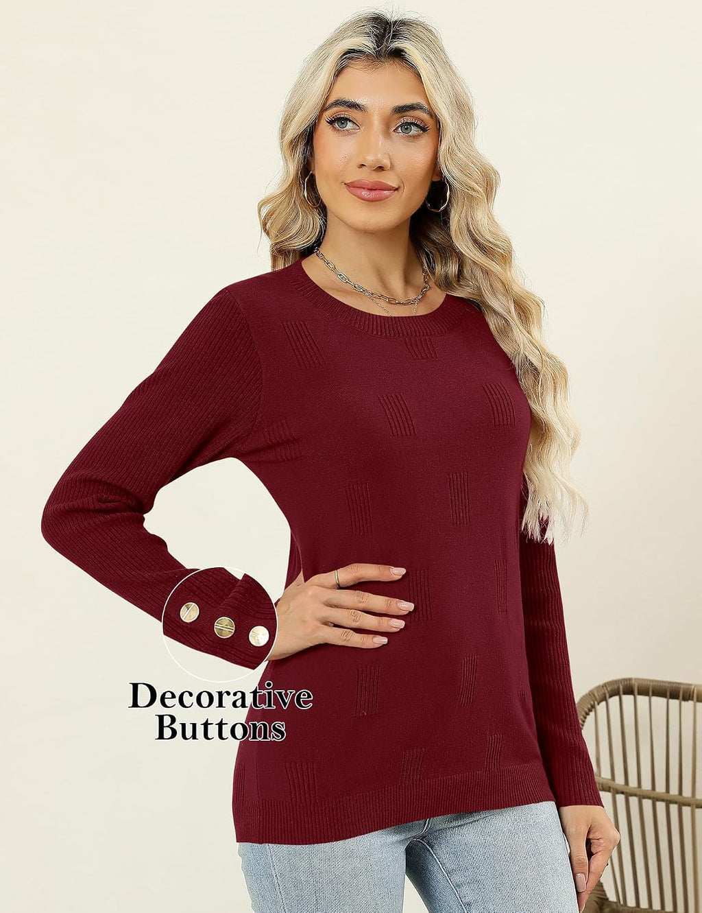 AKEWEI Womens Sweaters Long Sleeve Crew Neck Lightweight Knit Pullover Tops with Decorative Buttons