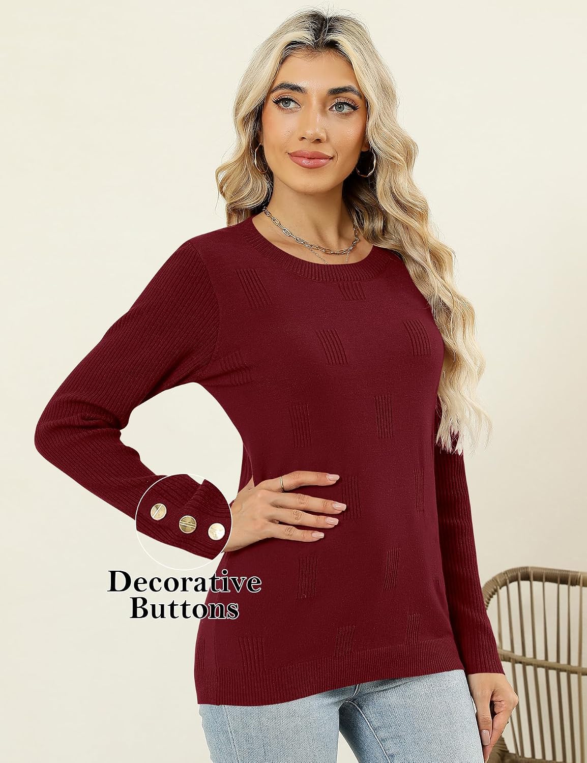 AKEWEI Womens Sweaters Long Sleeve Crew Neck Lightweight Knit Pullover Tops with Decorative Buttons