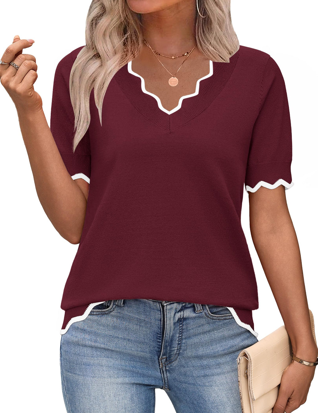 Zeagoo Women's Short Sleeve Sweater 2026 Summer V Neck Tops Dressy Blouses