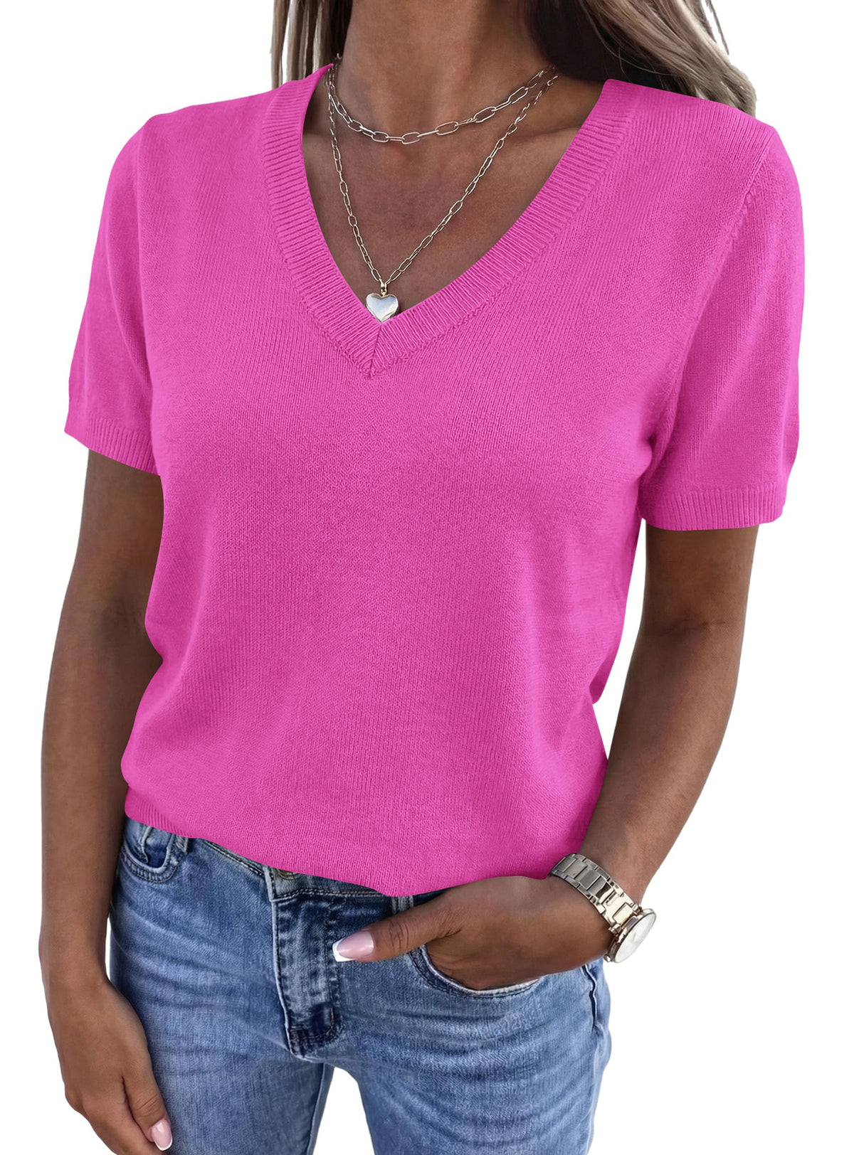 PRETTYGARDEN Womens Short Sleeve Sweater V Neck Tops