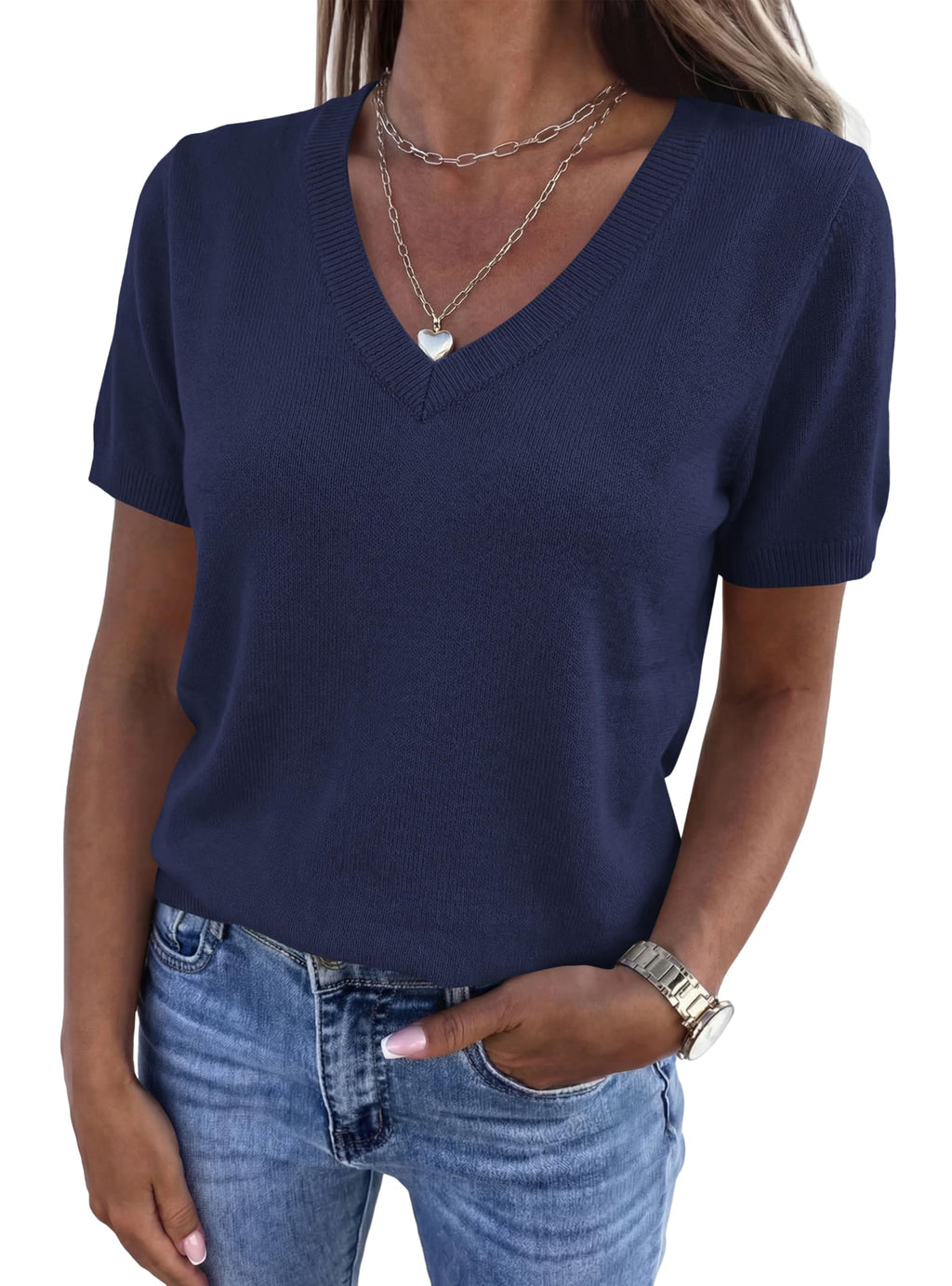 PRETTYGARDEN Womens Short Sleeve Sweater V Neck Tops