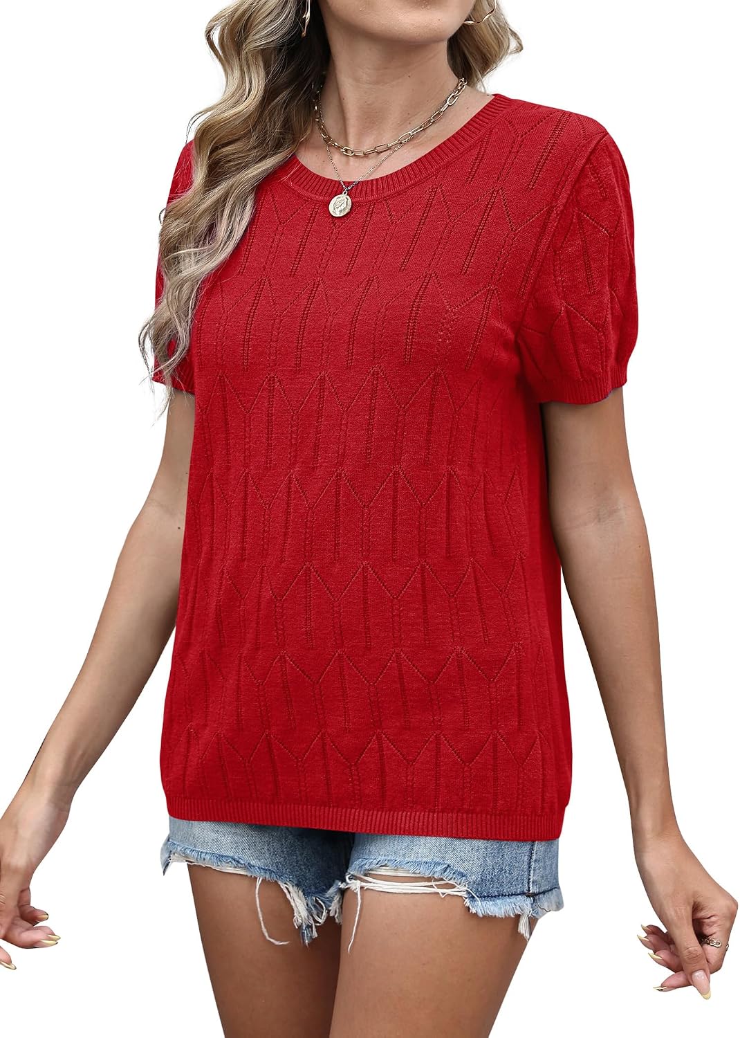 Sampeel Short Sleeve Sweater for Women Round Neck Knit Work Tops Beach Fashion Vacation Clothes Summer Outfits 2026