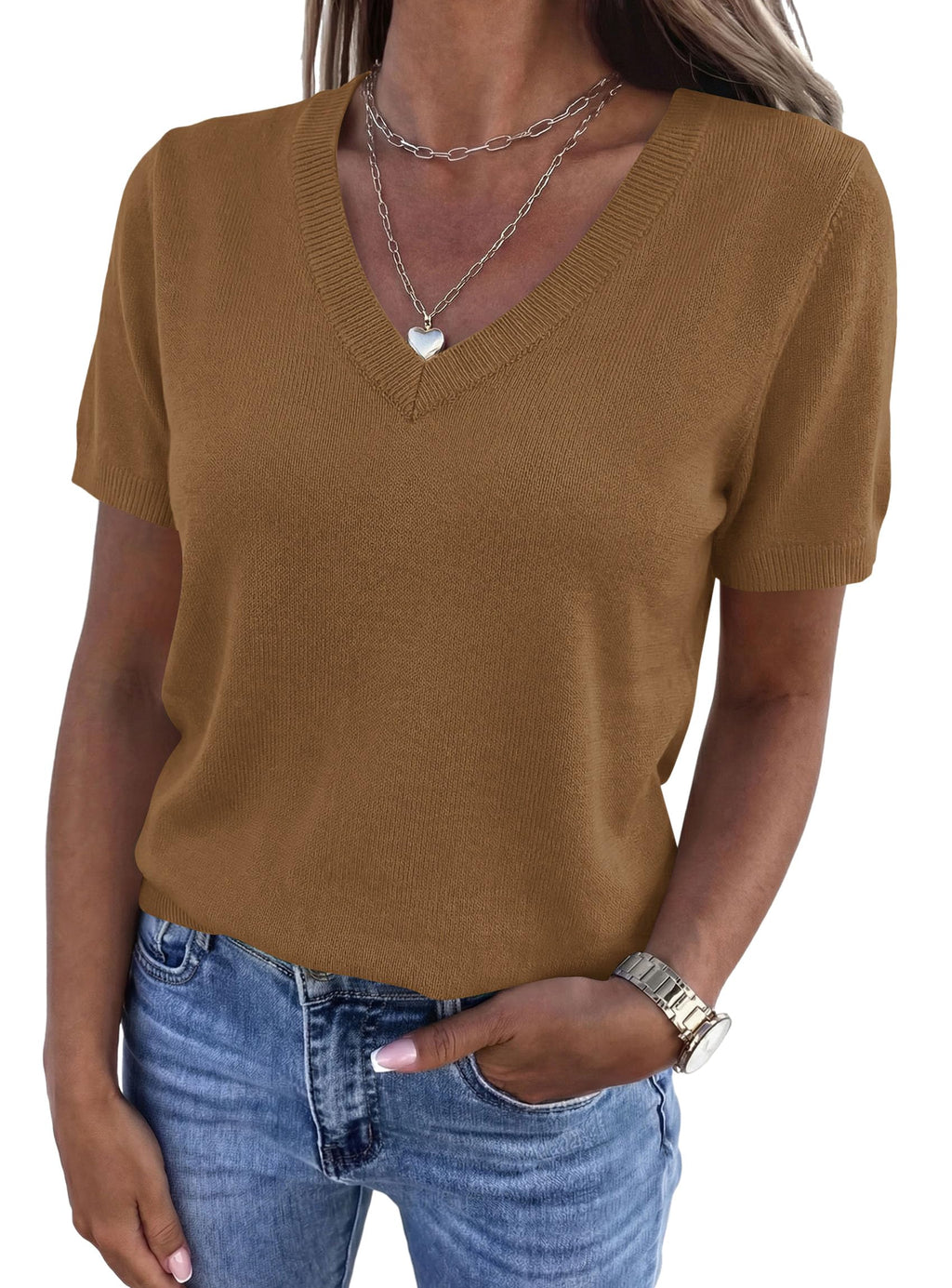 PRETTYGARDEN Womens Short Sleeve Sweater V Neck Tops