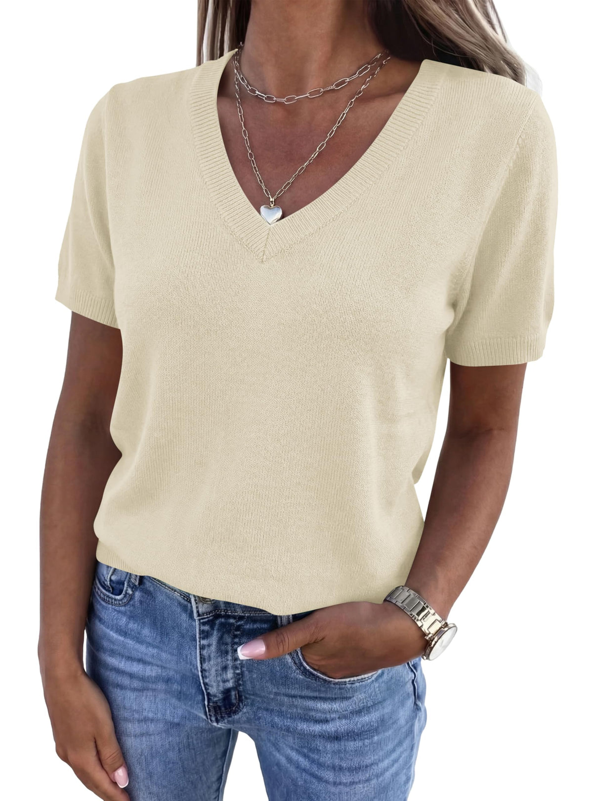 PRETTYGARDEN Womens Short Sleeve Sweater V Neck Tops