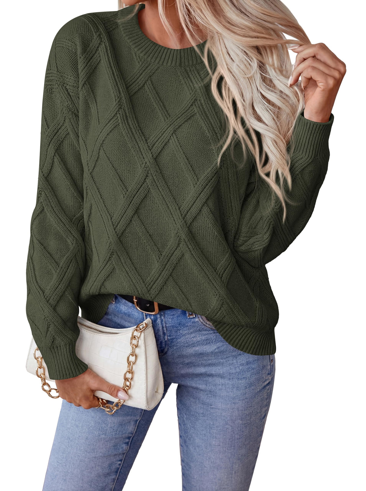 Okiwam Women's Long Sleeve Sweaters Crewneck Cable Knit Pullover