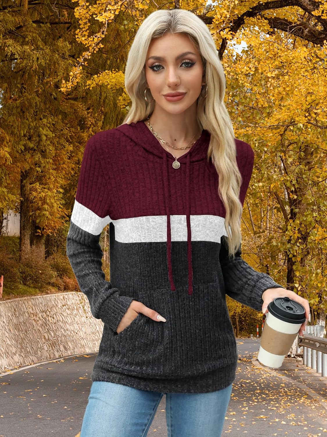 MixShe Women’s Color Block Knit Hoodie – Casual Long Sleeve Pullover Sweater Tops with Pocket