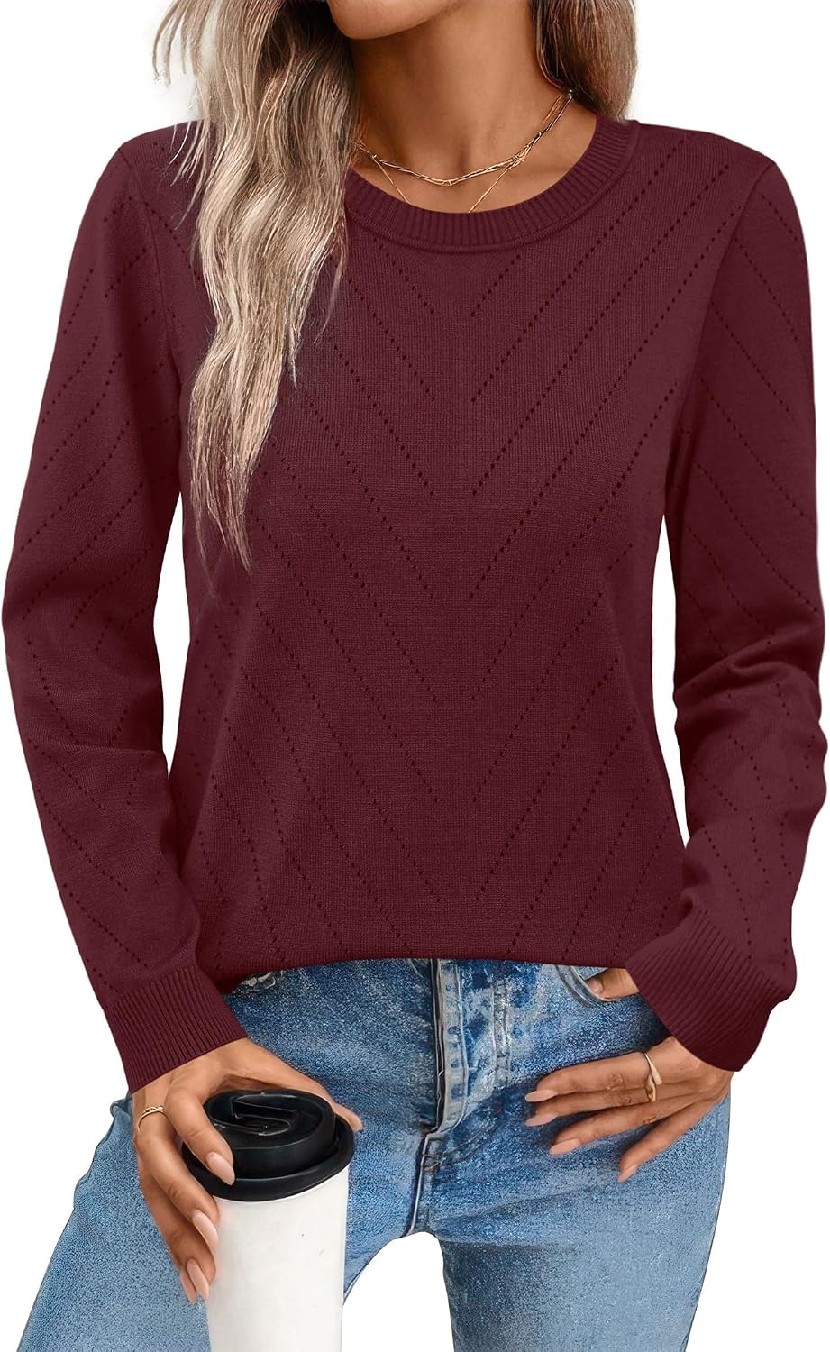 Sampeel Womens Sweaters Crew Neck Long Sleeve Tops Knit Soft Pullover Sweaters Cozy Dressy Casual Shirts Fashion Clothing