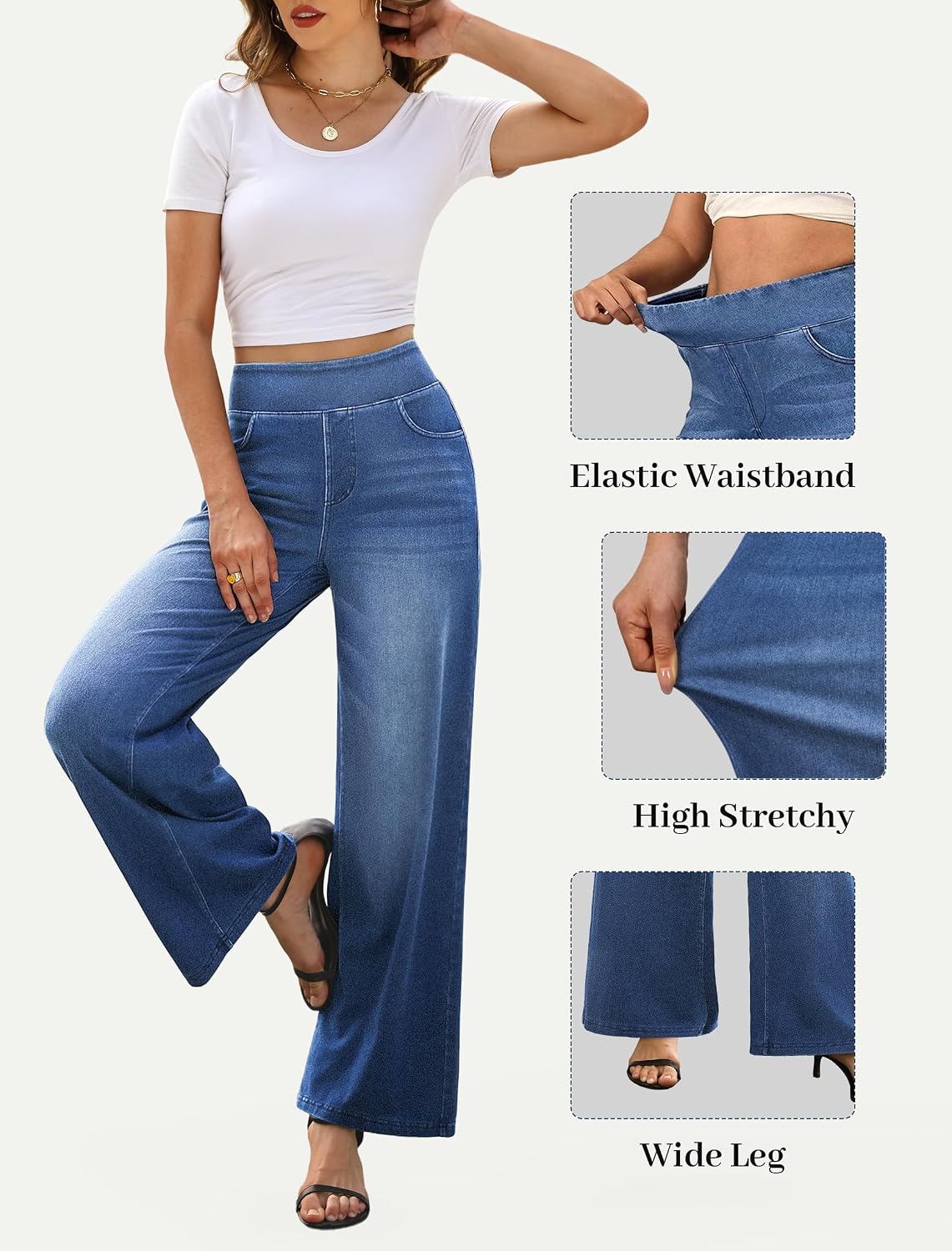 IWD Wide Leg Jeans for Women High Waisted Stretchy Pull On Denim Pants