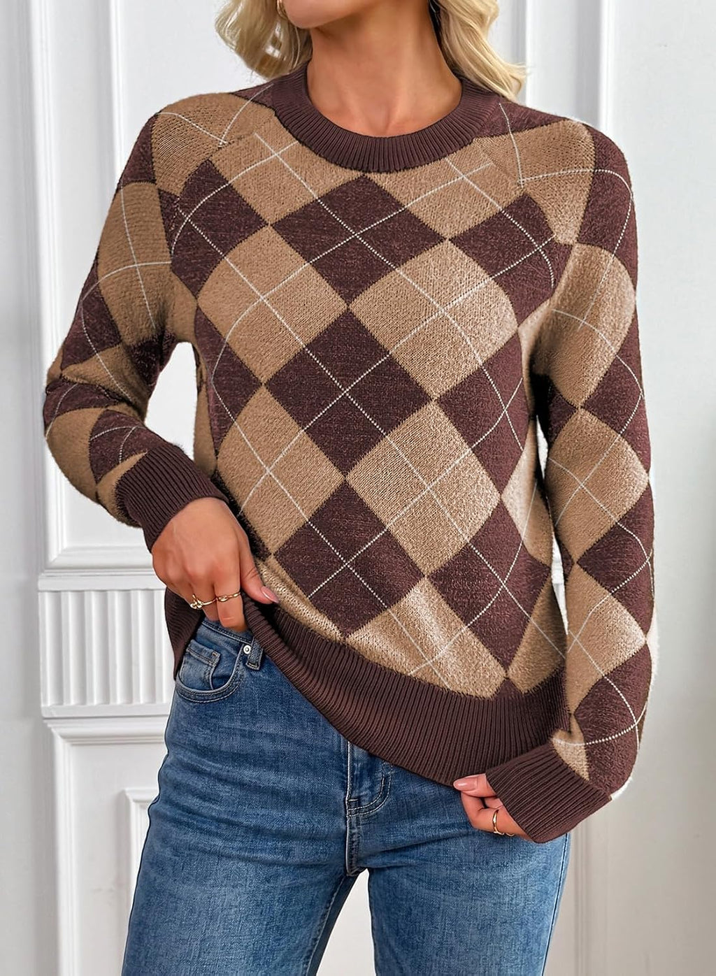 Pink Queen Fall Sweaters for Women Argyle Colorblock Pullover Sweater 2026
