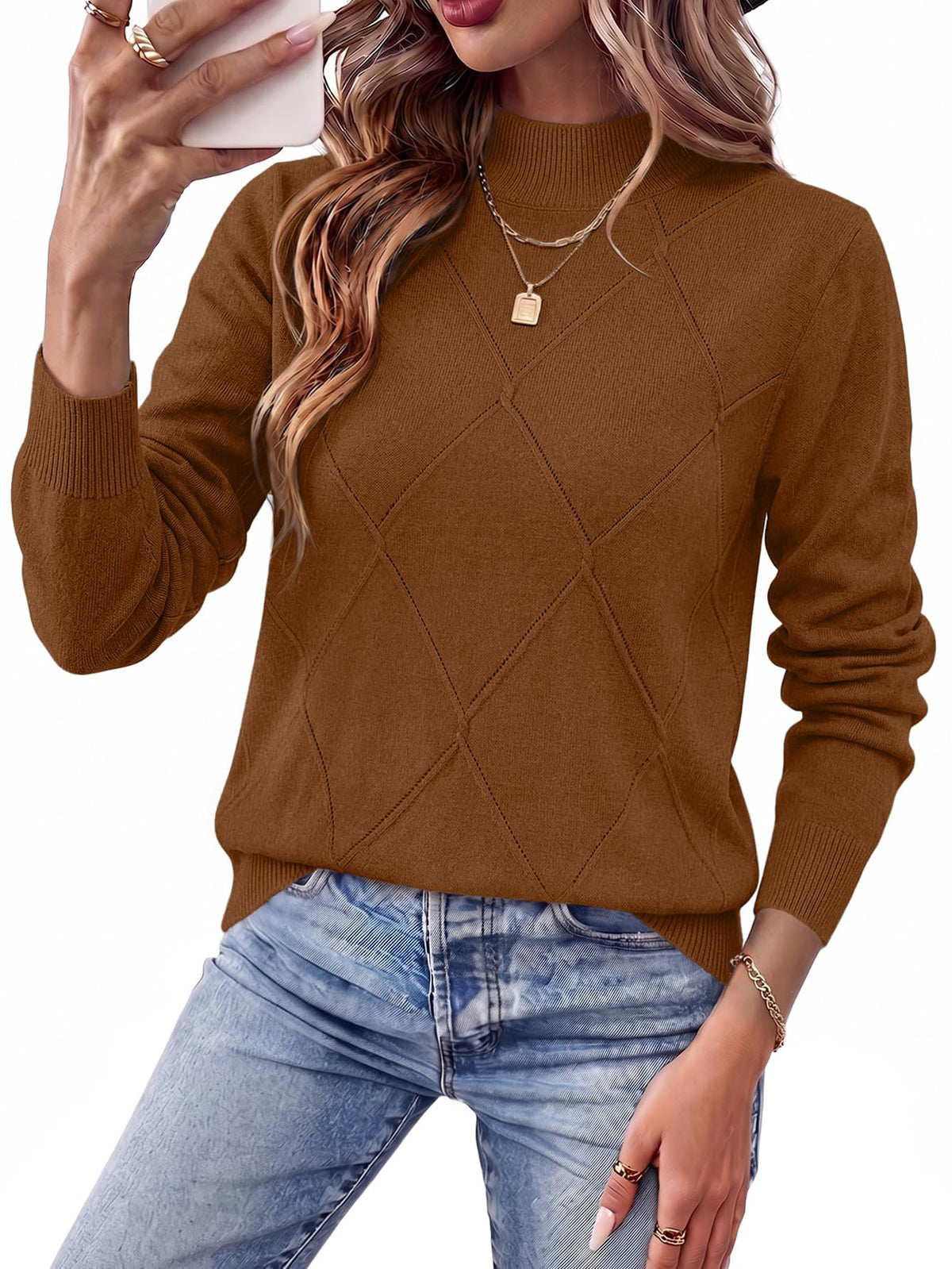 WIHOLL Womens Tops Sweaters Argyle Knit Long Sleeve Fall Outfits Winter