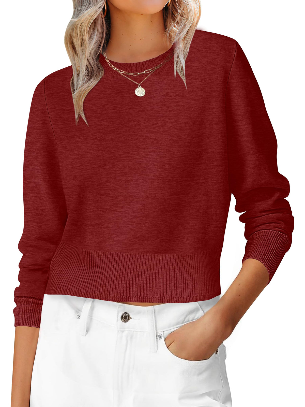 ANRABESS Women’s Long Sleeve Cropped Crew Neck Lightweight Fall Sweaters