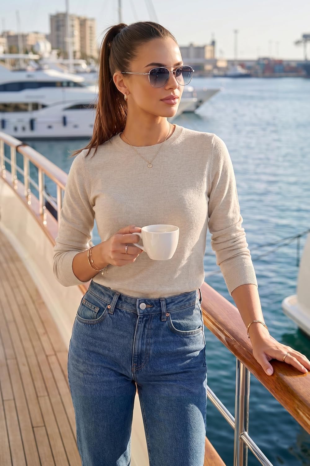 Arach&Cloz Women's 100% Merino Wool Long Sleeve Crew Neck Fall Work Sweater