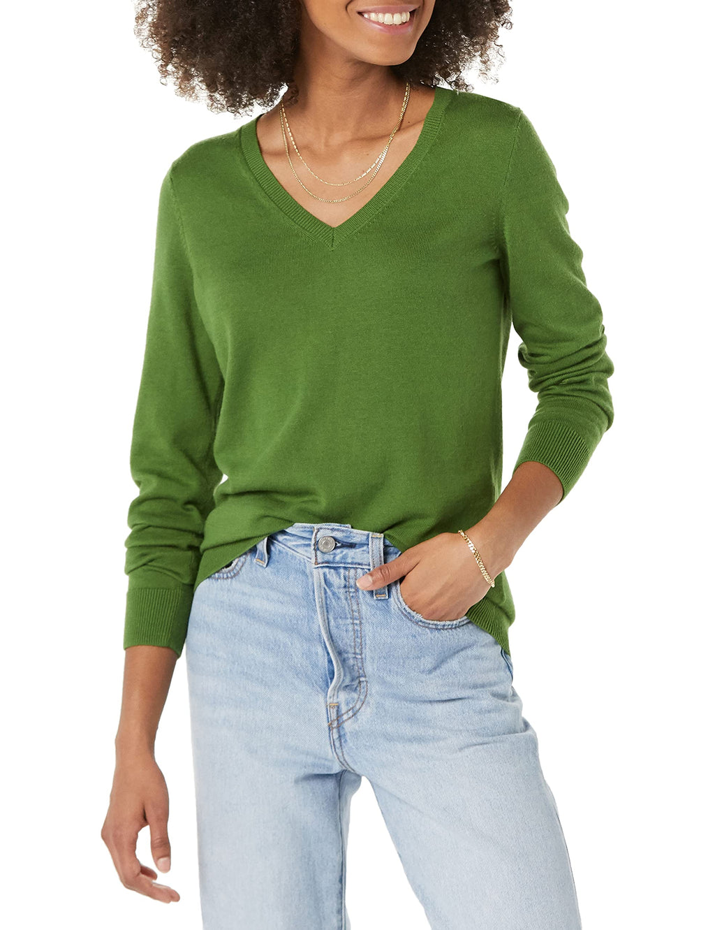 Amazon Essentials Women's Regular-Fit Lightweight Long-Sleeve V-Neck Sweater, Ribbed, Cozy Soft (Available in Plus Size)