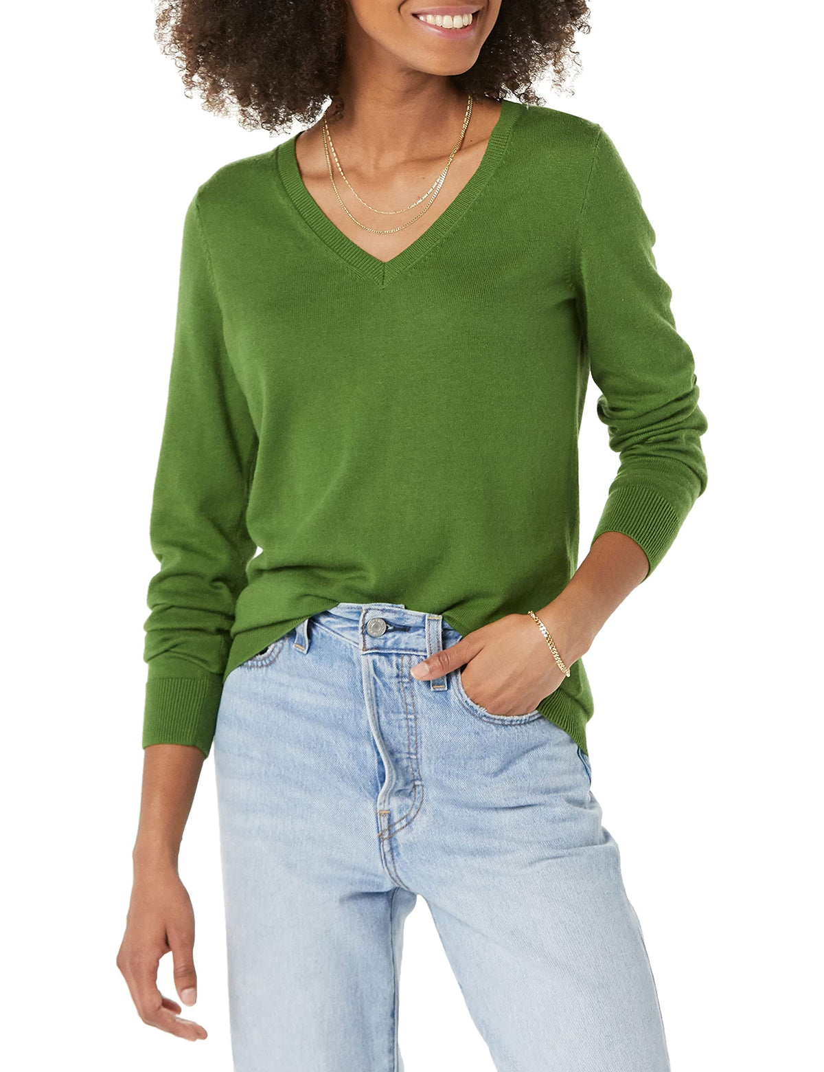 Amazon Essentials Women's Regular-Fit Lightweight Long-Sleeve V-Neck Sweater, Ribbed, Cozy Soft (Available in Plus Size)