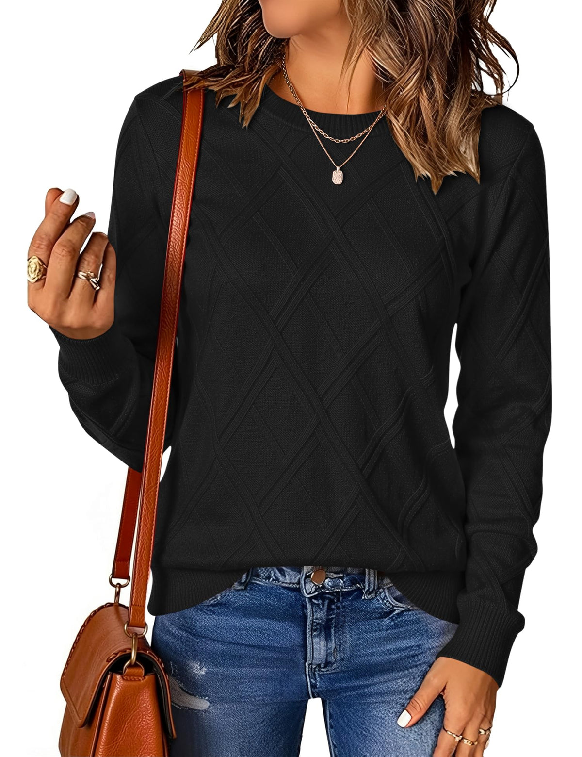 LOMON Women's Cable Knit Sweater Long Sleeve Crew Neck Fall Tops