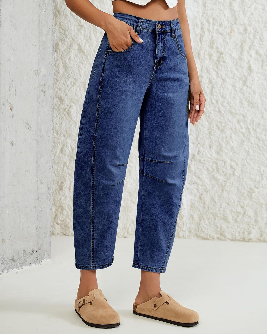 Vetinee Barrel Jeans for Women Trendy High Waisted Cropped Wide Leg Relaxed Fit Balloon Baggy Stretchy Denim Pants