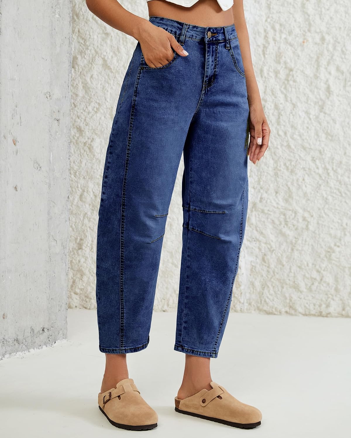 Vetinee Barrel Jeans for Women Trendy High Waisted Cropped Wide Leg Relaxed Fit Balloon Baggy Stretchy Denim Pants