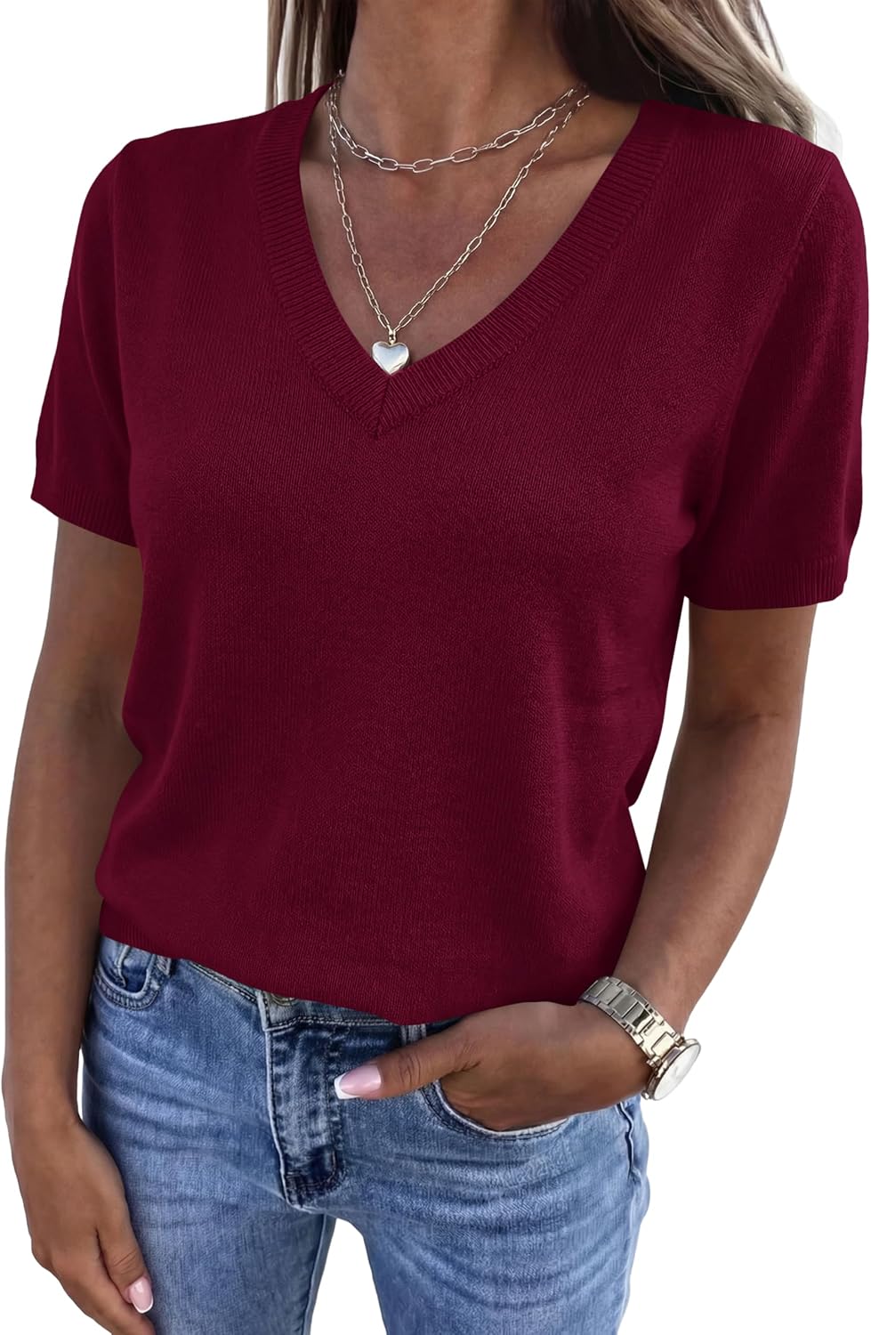 PRETTYGARDEN Womens Short Sleeve Sweater V Neck Tops