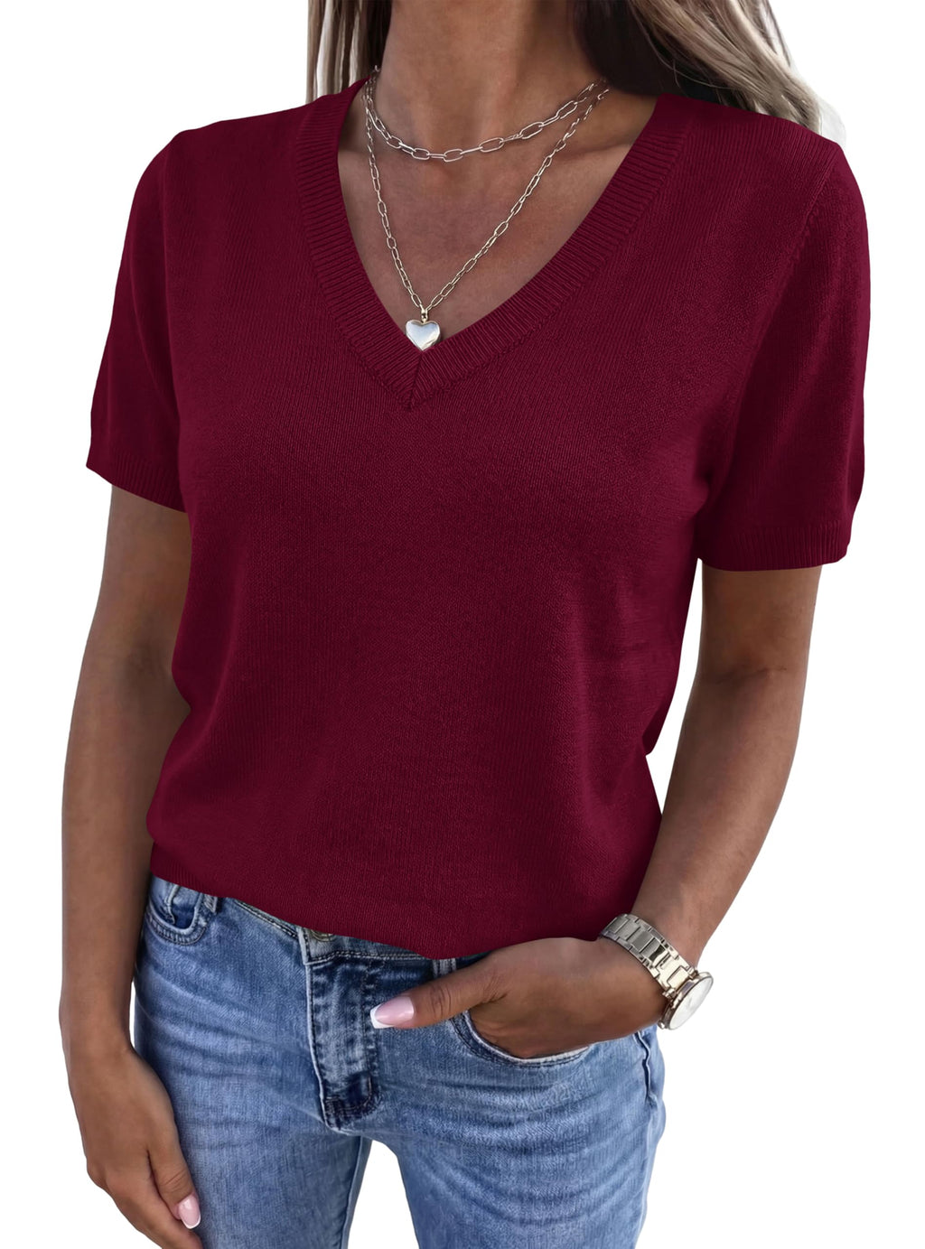 PRETTYGARDEN Womens Short Sleeve Sweater V Neck Tops