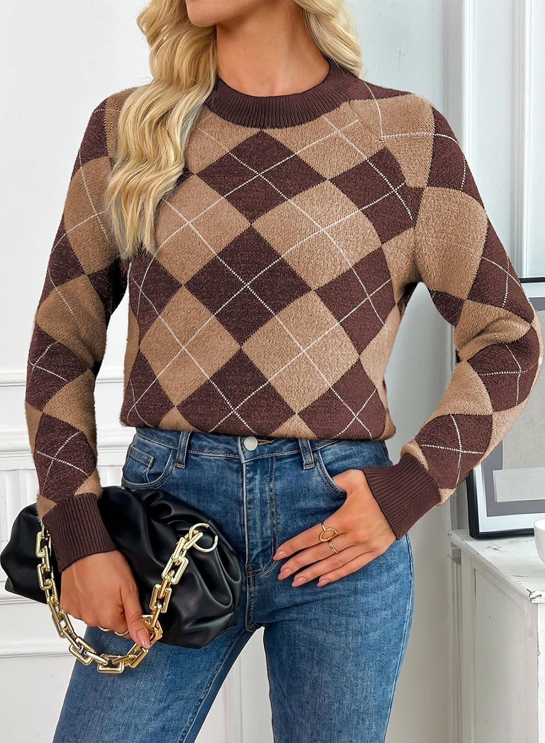 Pink Queen Fall Sweaters for Women Argyle Colorblock Pullover Sweater 2026