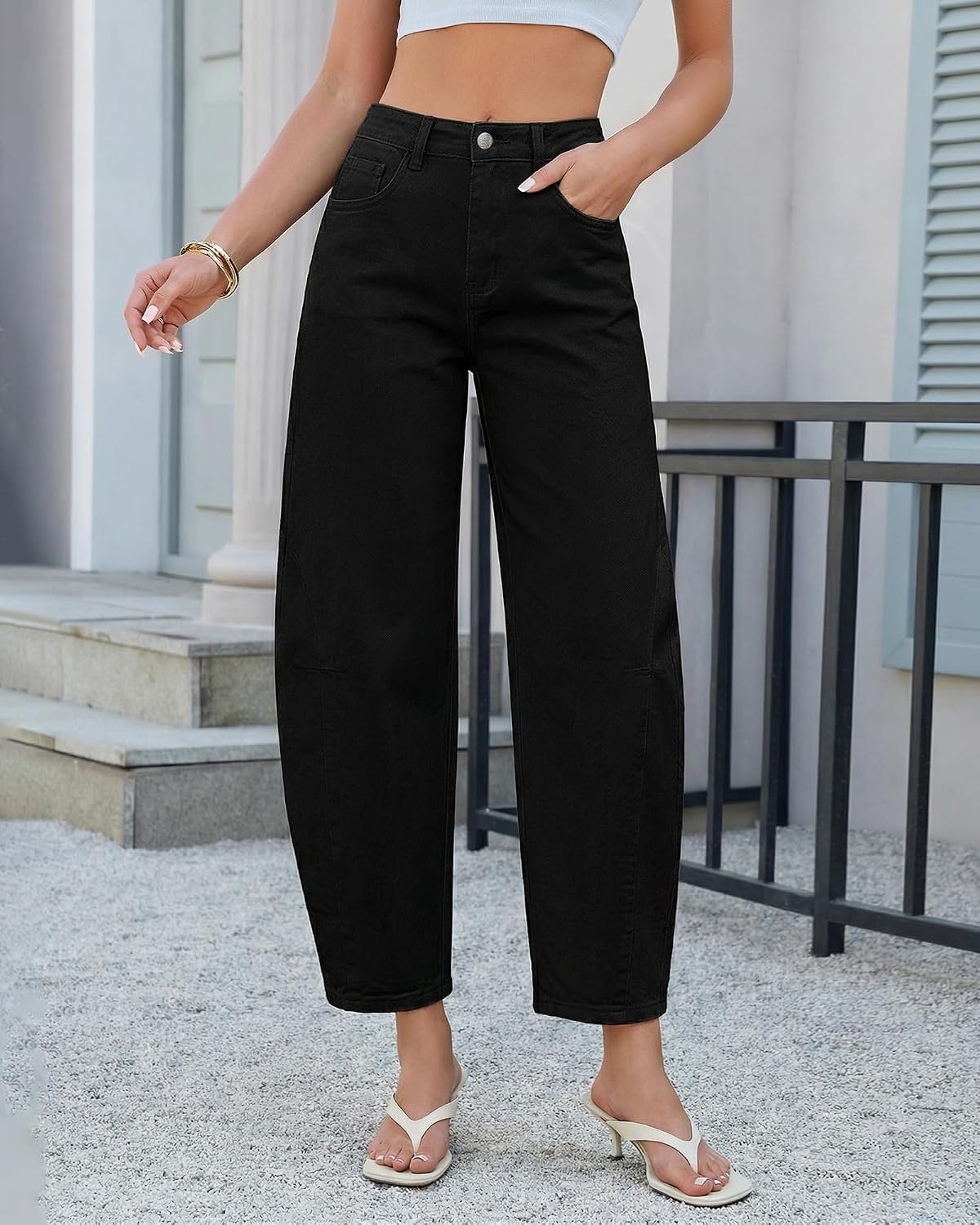 GRAPENT Barrel Jeans for Women Cropped Trendy High Waisted Baggy Side Seamed Casual Stretchy Denim Pants Wide Leg Jeans