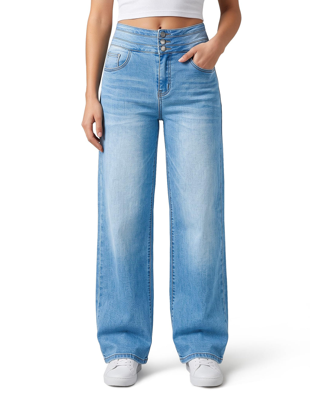 roswear Women's Wide Leg Jeans Casual High Waisted Stretch Baggy Loose Denim Pants