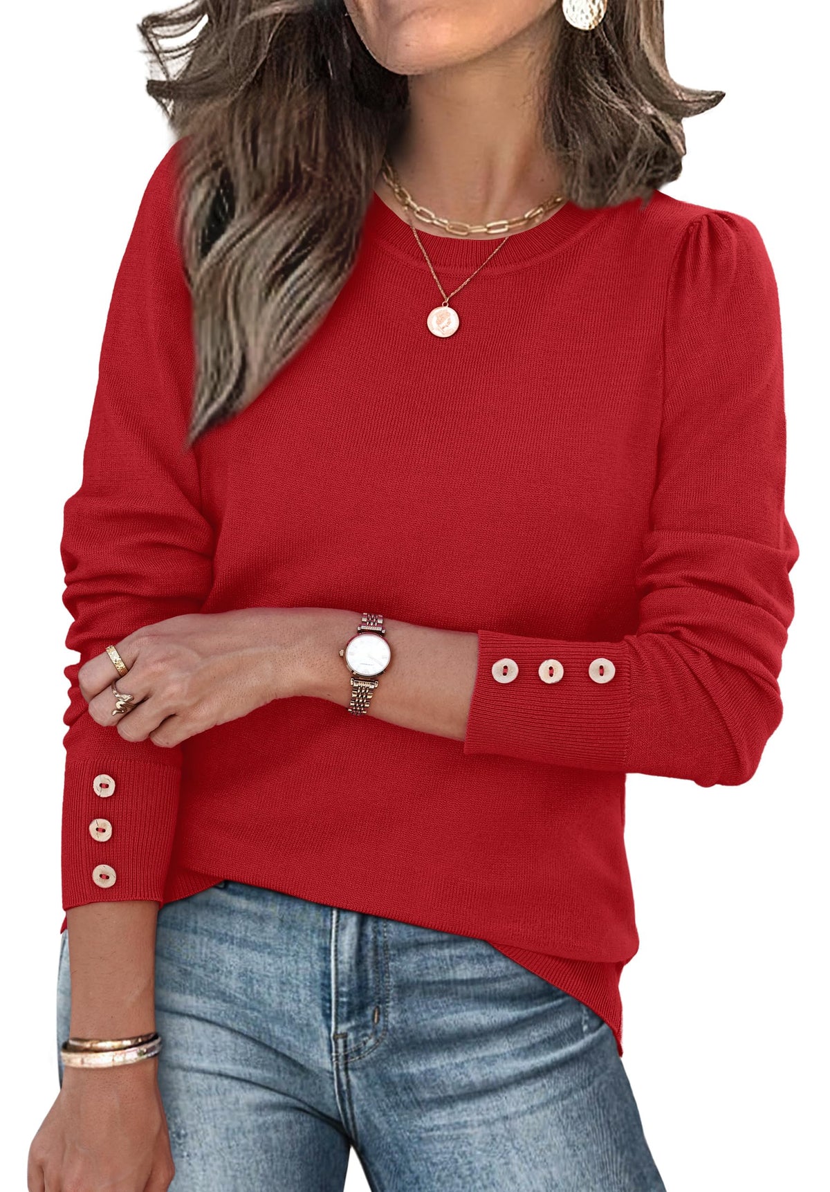Womens Sweaters Fall Fashion 2025 Long Sleeve Button Cuff Soft Knit Pullover Trendy Tops Dressy Casual Blouses