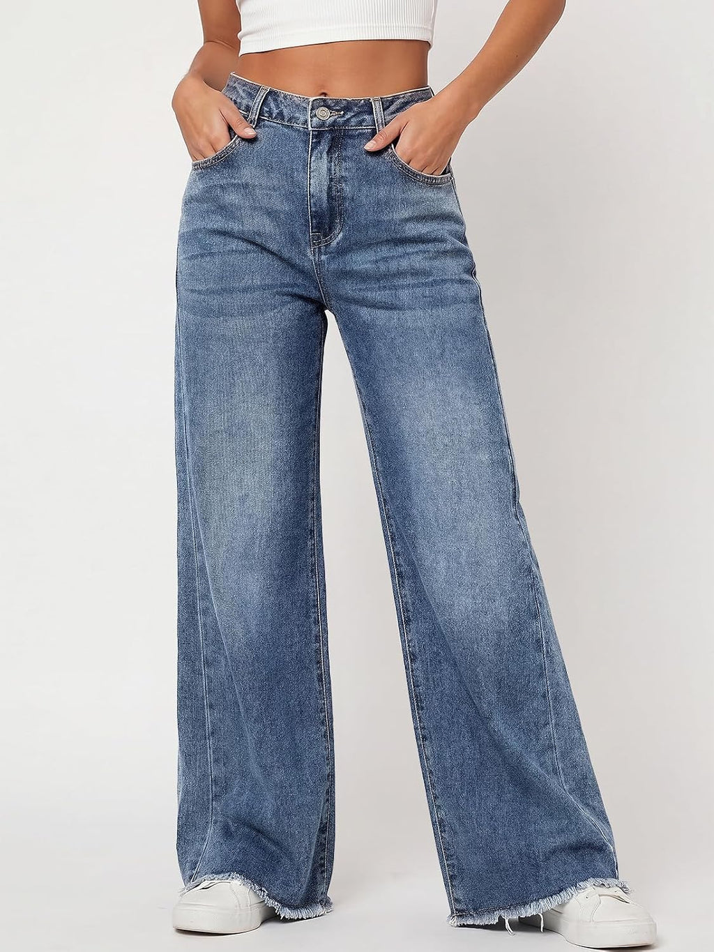Trendy Queen Women's Wide Leg Jeans, Relaxed Loose with Raw Hem Pants