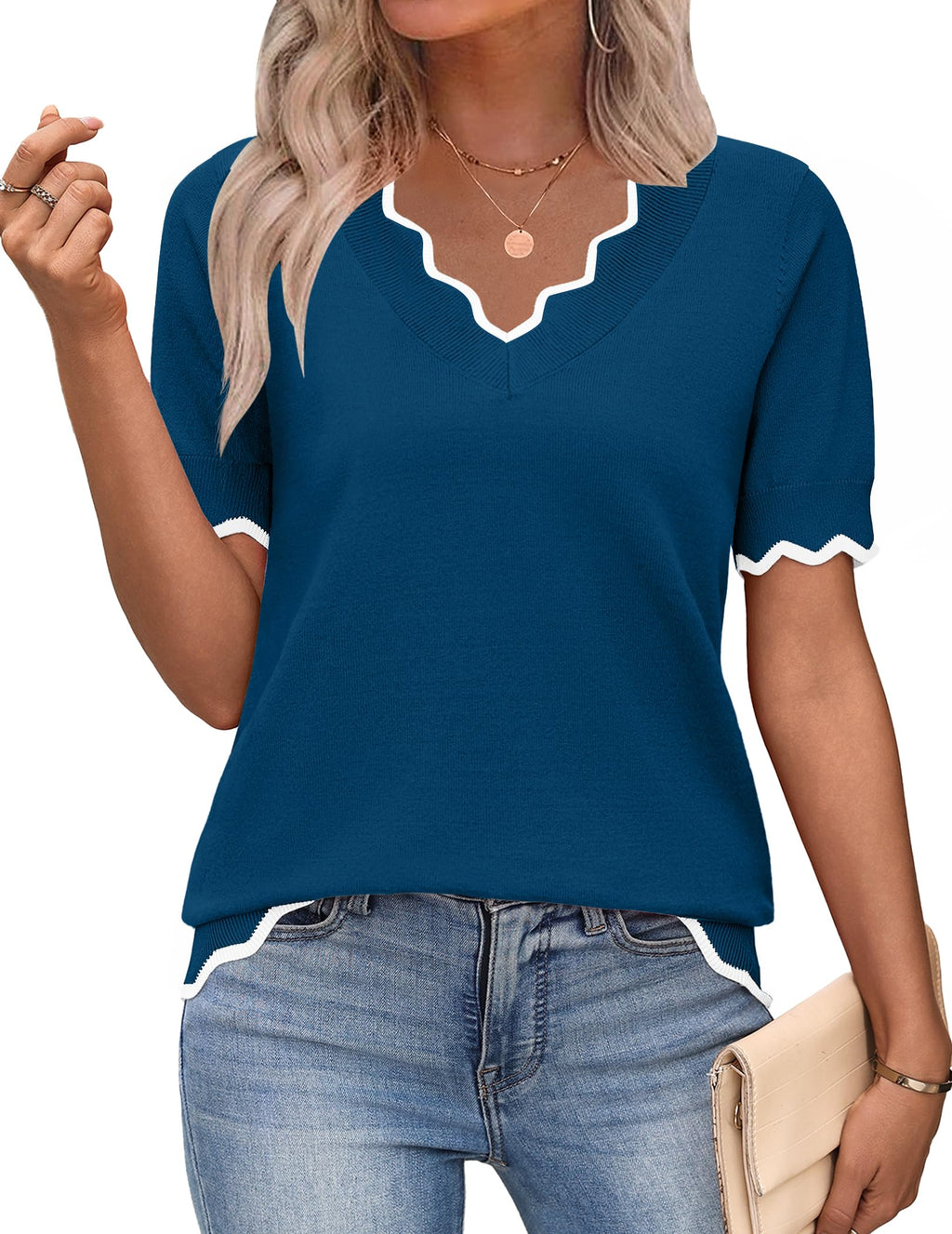Zeagoo Women's Short Sleeve Sweater 2026 Summer V Neck Tops Dressy Blouses
