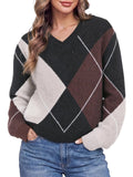 Cicy Bell Womens V Neck Argyle Sweaters Long Sleeve Knit Casual Pullovers