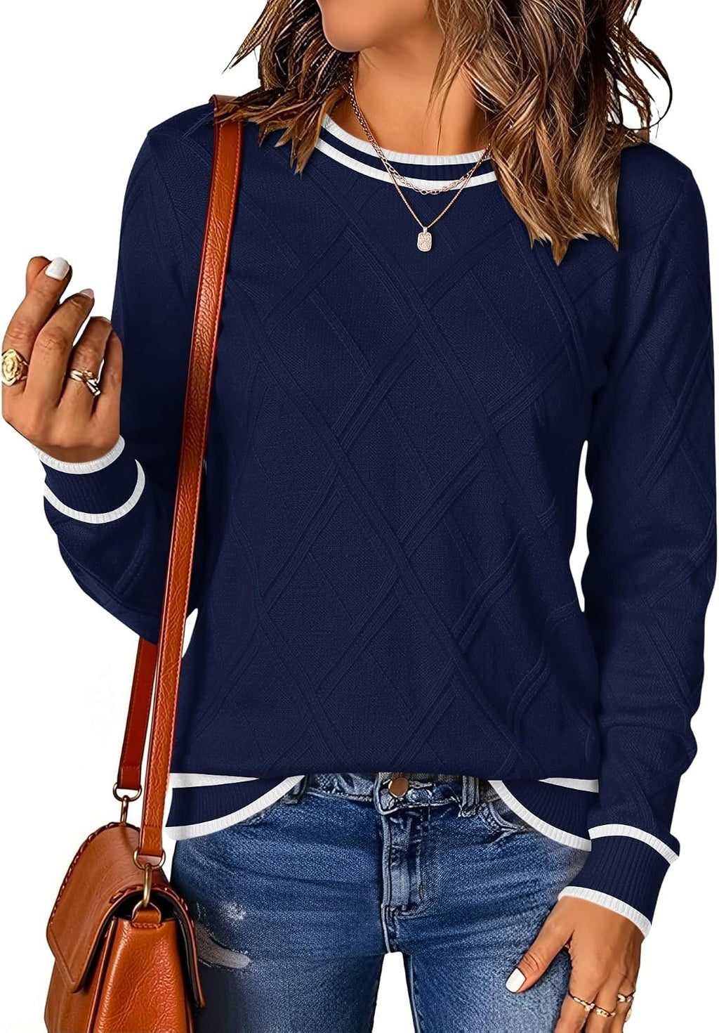 LOMON Women's Cable Knit Sweater Long Sleeve Crew Neck Fall Tops