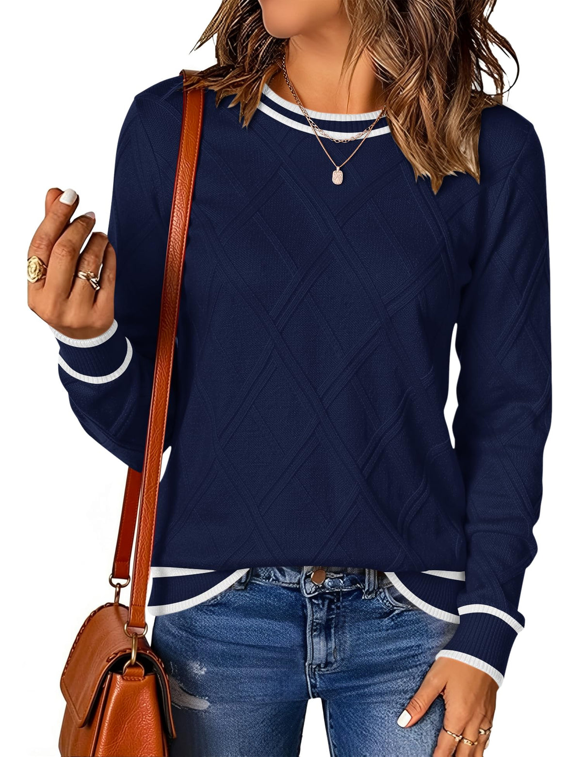 LOMON Women's Cable Knit Sweater Long Sleeve Crew Neck Fall Tops