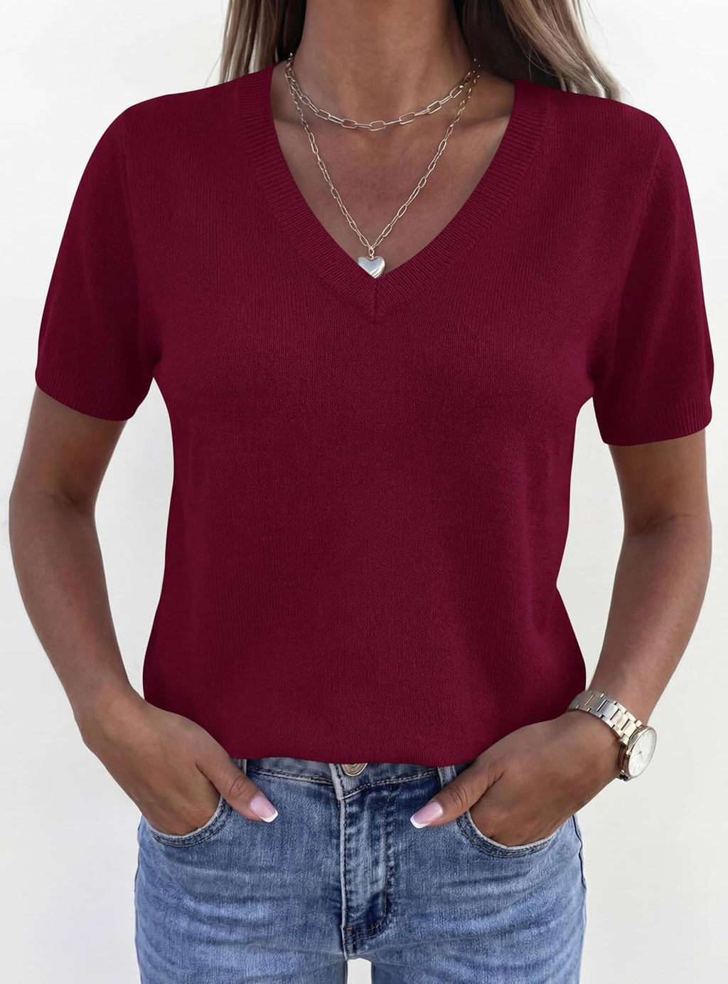 PRETTYGARDEN Womens Short Sleeve Sweater V Neck Tops