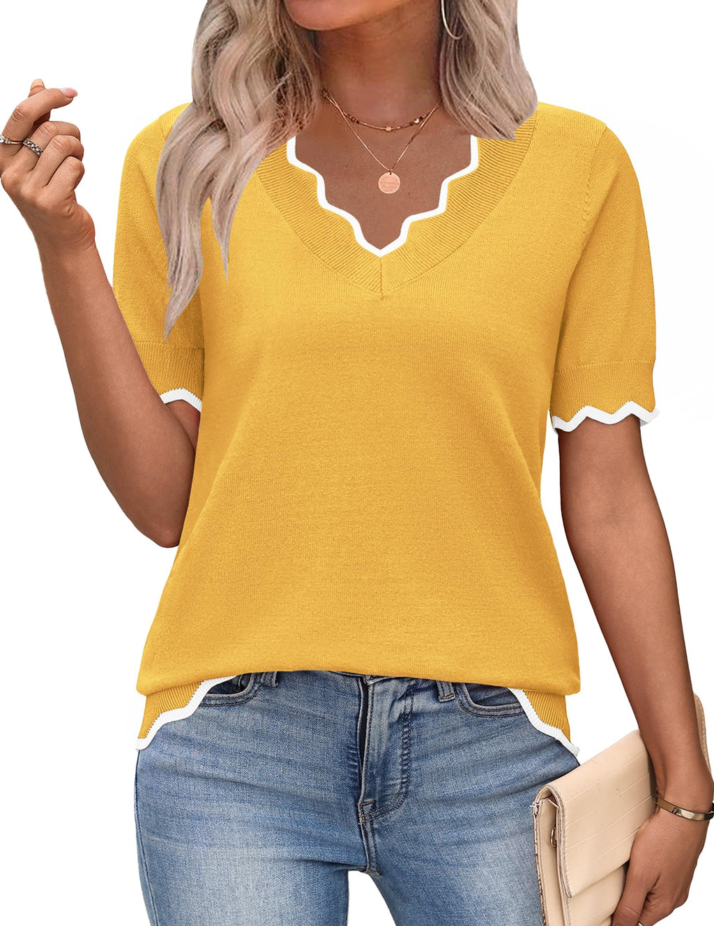 Zeagoo Women's Short Sleeve Sweater 2026 Summer V Neck Tops Dressy Blouses