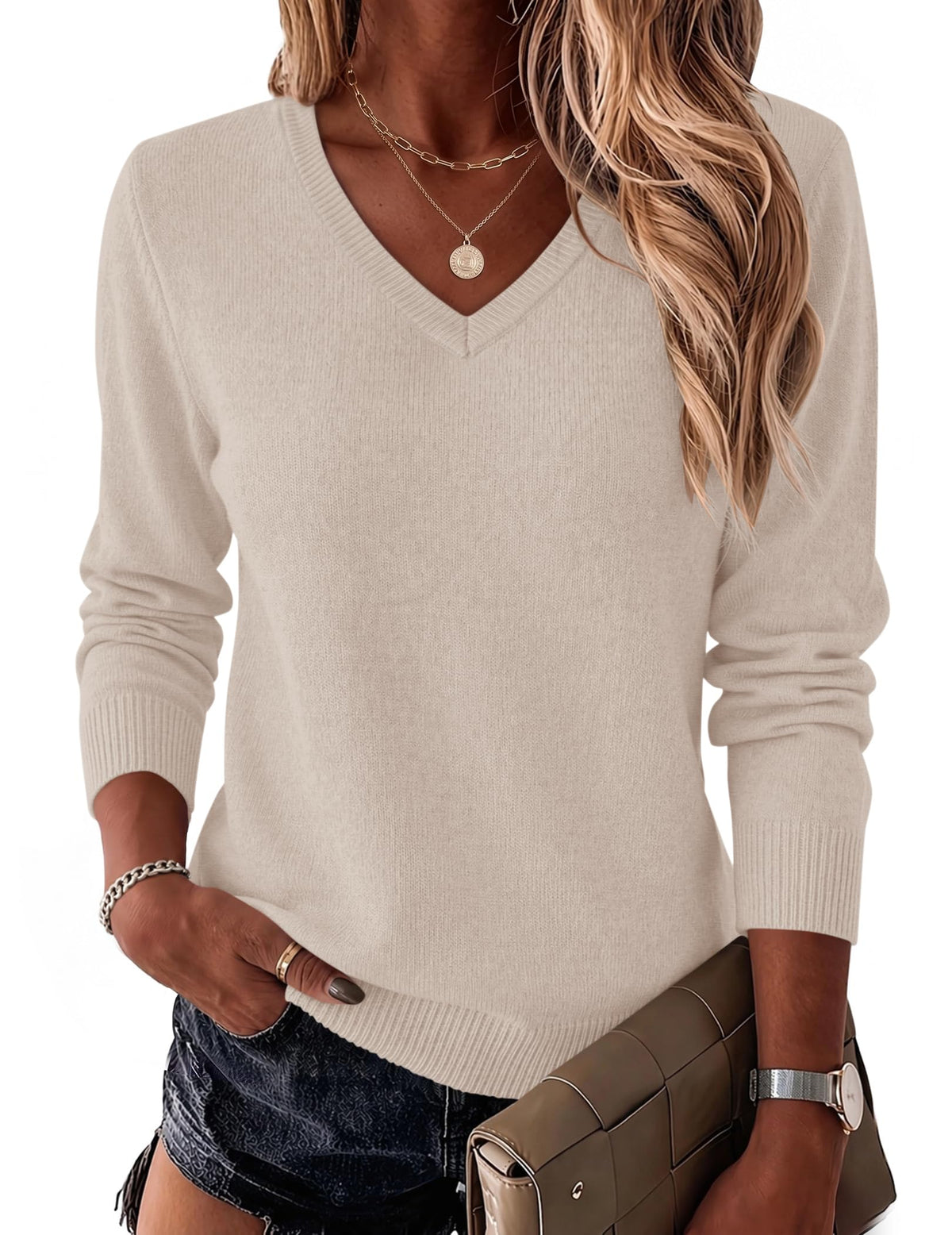 LOMON Womens Wool Blend Sweaters Long Sleeve Tops V Neck Knit Shirts Fall