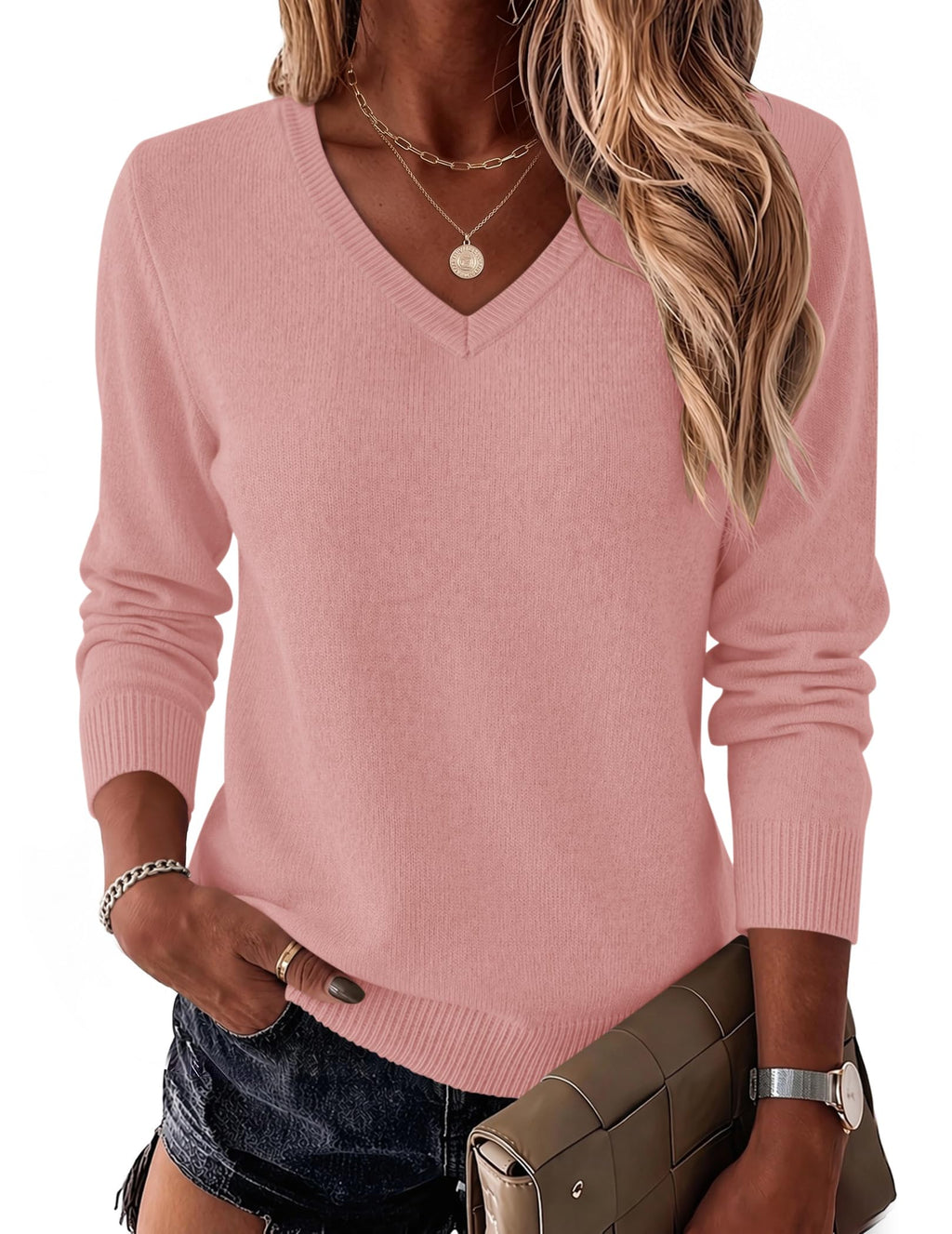 LOMON Womens Wool Blend Sweaters Long Sleeve Tops V Neck Knit Shirts Fall