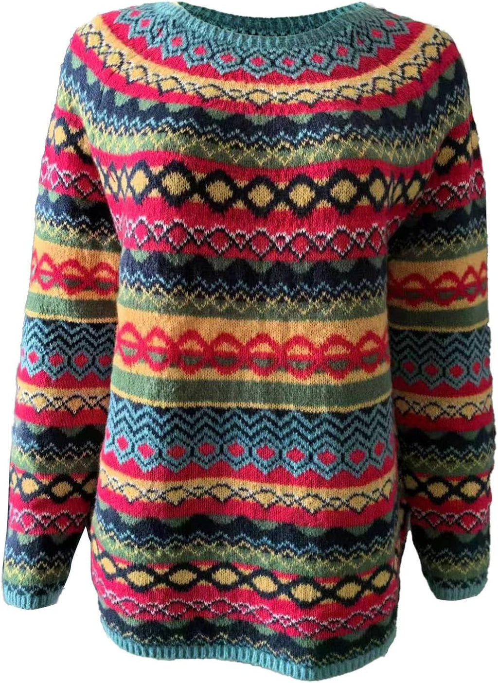 Fair Isle Sweater Women Boho Knitted Vintage Sweaters Casual Crewneck Long Sleeve Lightweight Cropped Pullover Tops