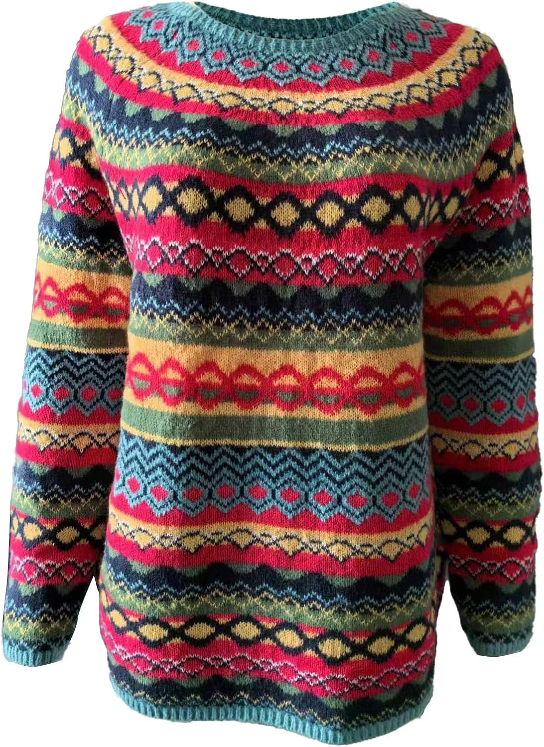 Fair Isle Sweater Women Boho Knitted Vintage Sweaters Casual Crewneck Long Sleeve Lightweight Cropped Pullover Tops