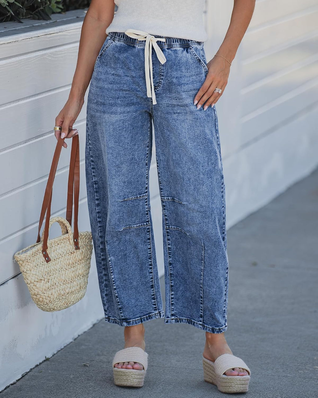 GRAPENT Barrel Jeans Women High Rise Pull On Elastic Waist Crop Denim Pants