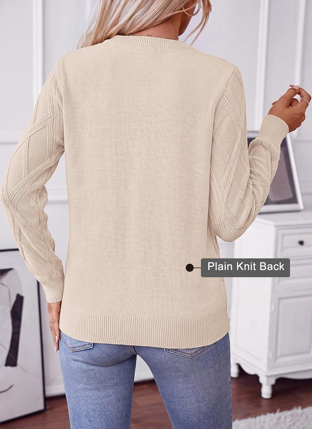 Okiwam Women's Long Sleeve Sweaters Crewneck Cable Knit Pullover