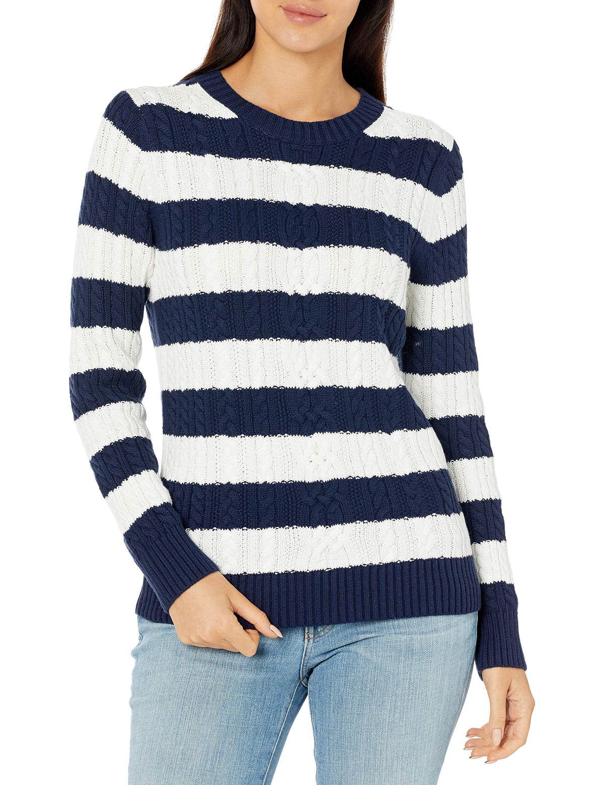 Amazon Essentials Women's Regular Fit Soft Cotton Cable Knit Ribbed Crewneck Sweater (Available in Plus Size)