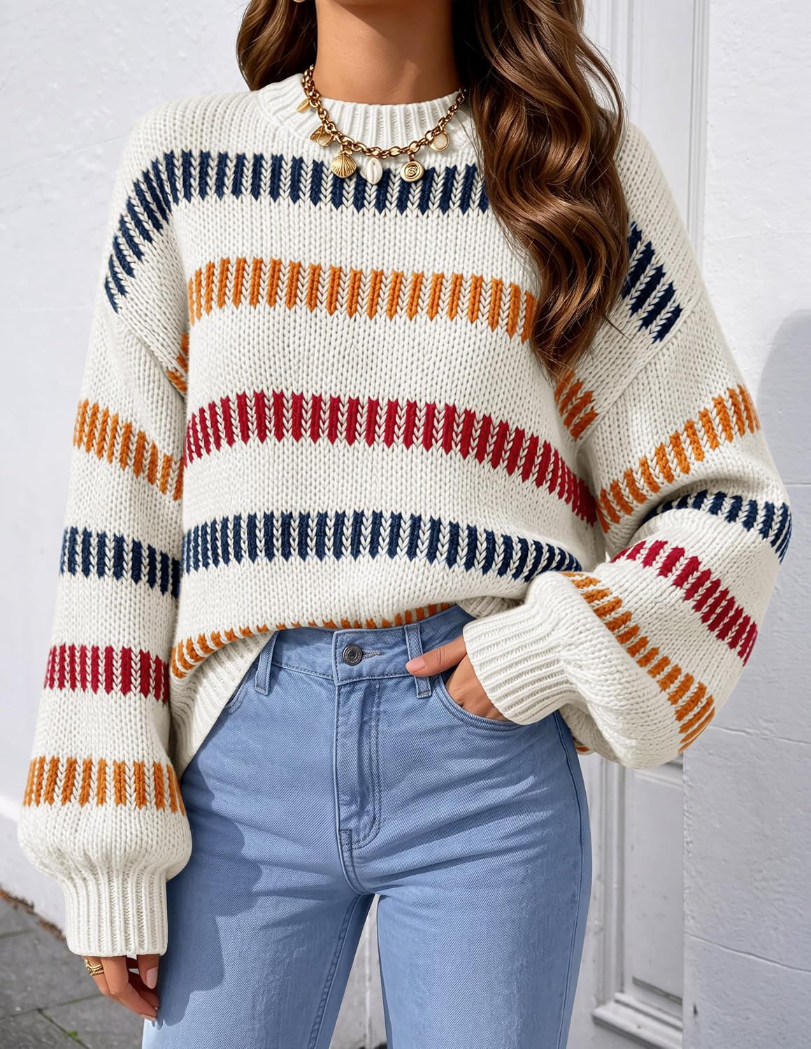 ZESICA Womens Striped Fall Winter Sweaters Oversize Cozy Casual Work Outfit