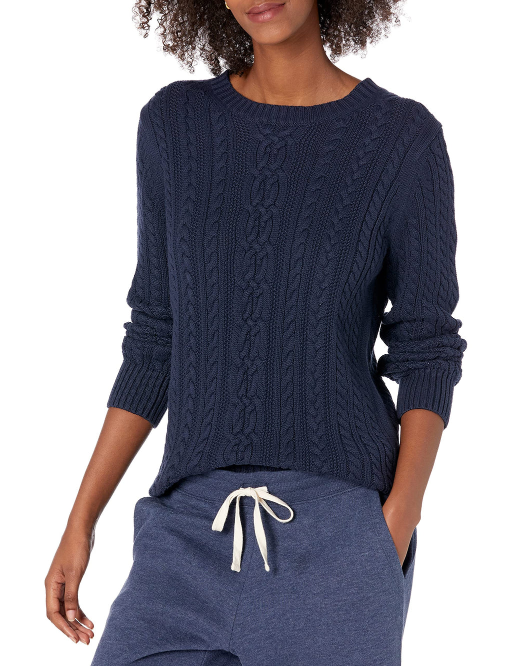 Amazon Essentials Women's Regular Fit Soft Cotton Cable Knit Ribbed Crewneck Sweater (Available in Plus Size)