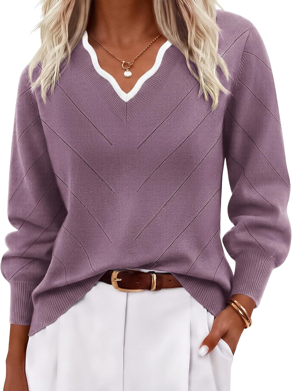 Ekouaer Women's Fall V Neck Sweaters Knit Lightweight Long Sleeve Tops 2026
