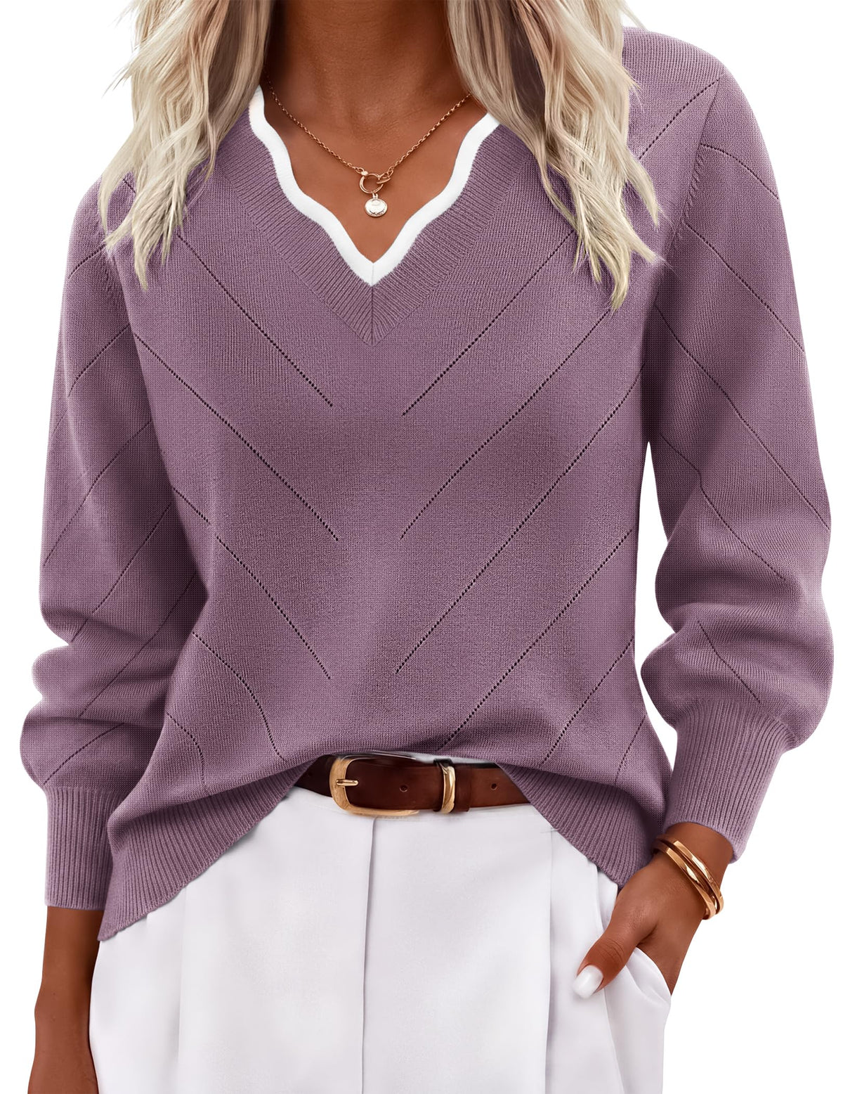 Ekouaer Women's Fall V Neck Sweaters Knit Lightweight Long Sleeve Tops 2026